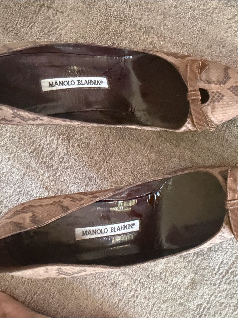 Manolo Blahnik Brown Snake-Print Flats with Bow Accent